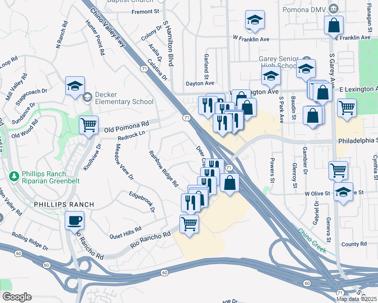 map of restaurants, bars, coffee shops, grocery stores, and more near 19 Skyline Lane in Pomona