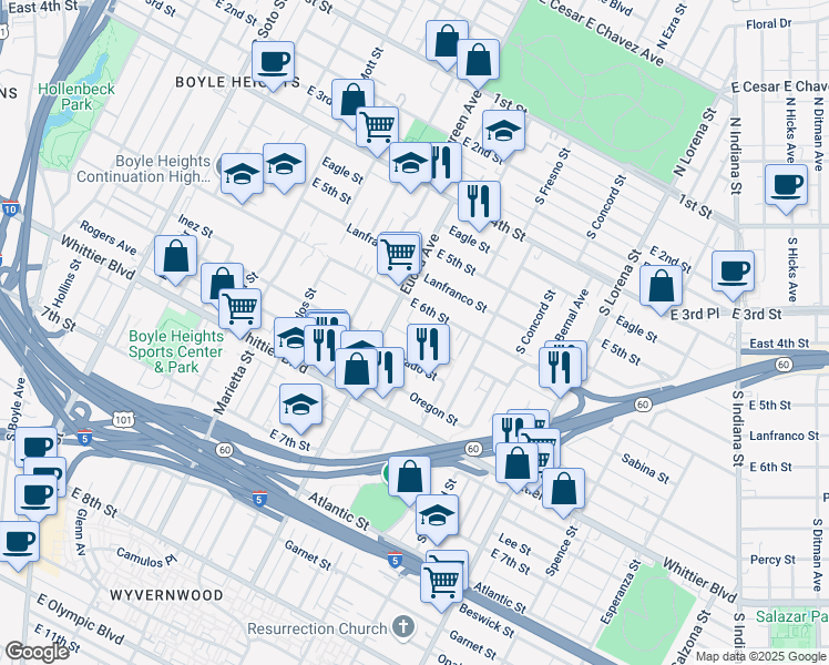 map of restaurants, bars, coffee shops, grocery stores, and more near 3050 Inez Street in Los Angeles