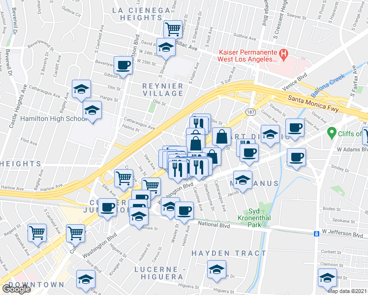 map of restaurants, bars, coffee shops, grocery stores, and more near 3203 South Sherbourne Drive in Los Angeles