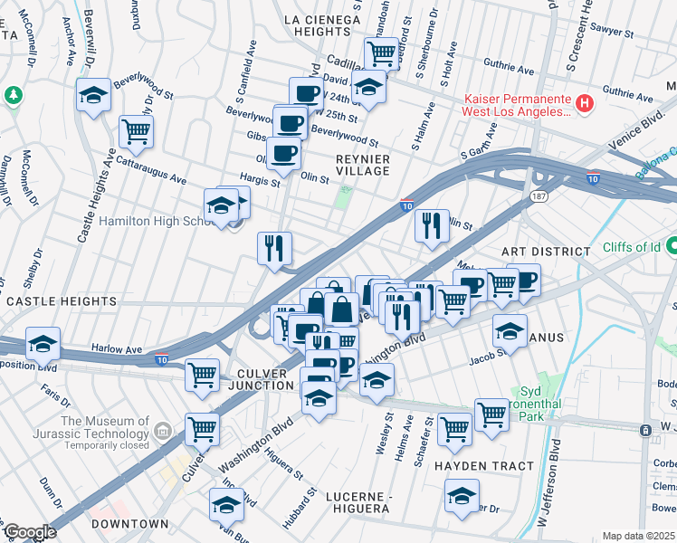 map of restaurants, bars, coffee shops, grocery stores, and more near 3149 Helms Avenue in Los Angeles