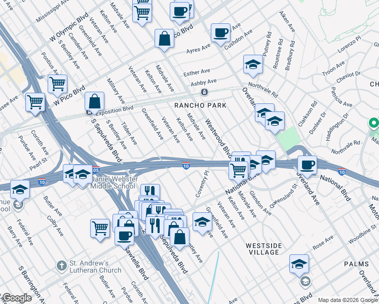 map of restaurants, bars, coffee shops, grocery stores, and more near 2753 Veteran Avenue in Los Angeles