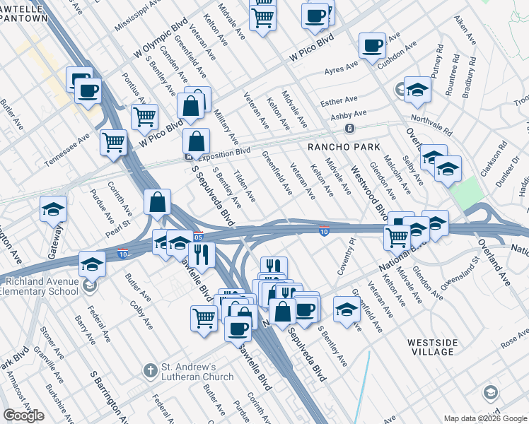 map of restaurants, bars, coffee shops, grocery stores, and more near 2704 South Tilden Avenue in Los Angeles