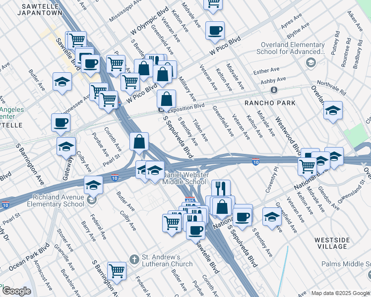 map of restaurants, bars, coffee shops, grocery stores, and more near 2625 South Sepulveda Boulevard in Los Angeles