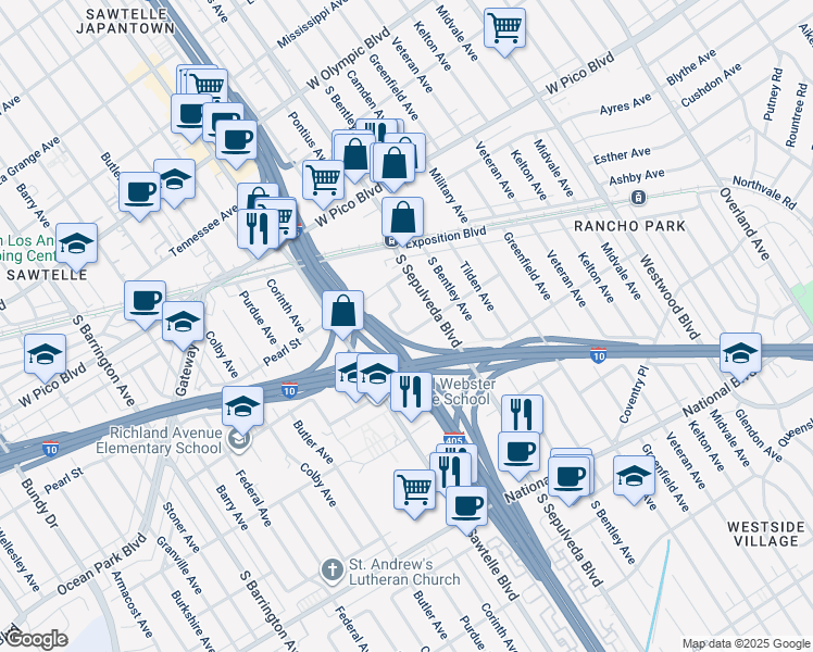 map of restaurants, bars, coffee shops, grocery stores, and more near 11234 Richland Avenue in Los Angeles