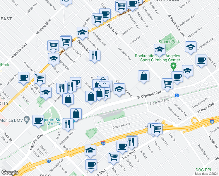map of restaurants, bars, coffee shops, grocery stores, and more near 3111 Olympic Boulevard in Santa Monica