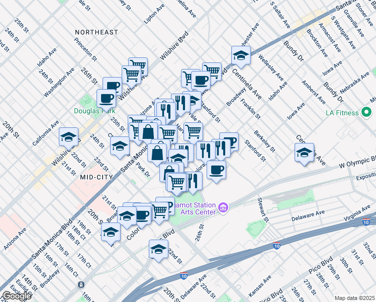 map of restaurants, bars, coffee shops, grocery stores, and more near 1524 Princeton Street in Santa Monica