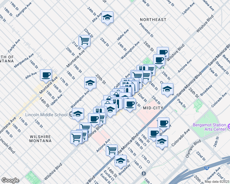 map of restaurants, bars, coffee shops, grocery stores, and more near 1107 19th Street in Santa Monica