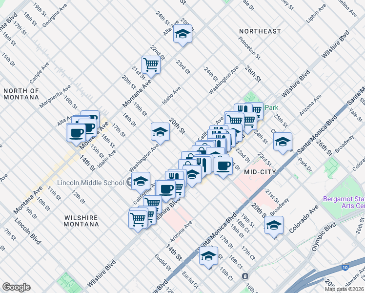 map of restaurants, bars, coffee shops, grocery stores, and more near 1044 19th Street in Santa Monica