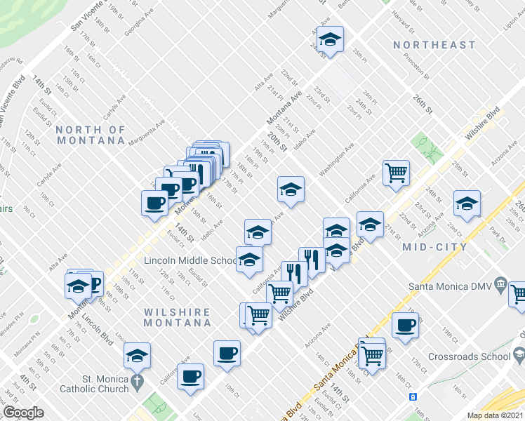 map of restaurants, bars, coffee shops, grocery stores, and more near in Santa Monica