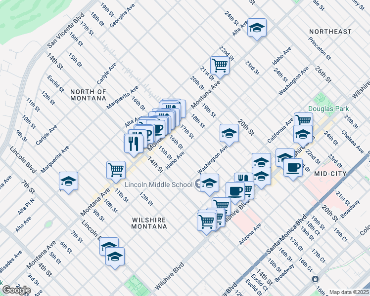 map of restaurants, bars, coffee shops, grocery stores, and more near 1603 Idaho Avenue in Santa Monica