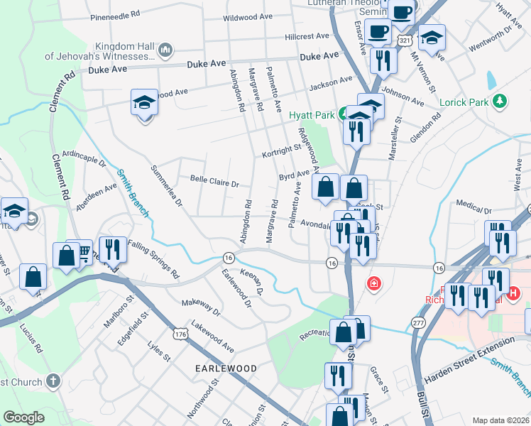 map of restaurants, bars, coffee shops, grocery stores, and more near 3318 Abingdon Road in Columbia