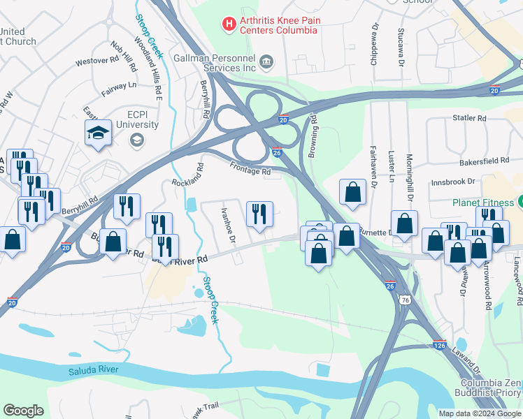 map of restaurants, bars, coffee shops, grocery stores, and more near 1820 Berkshire Drive in Columbia