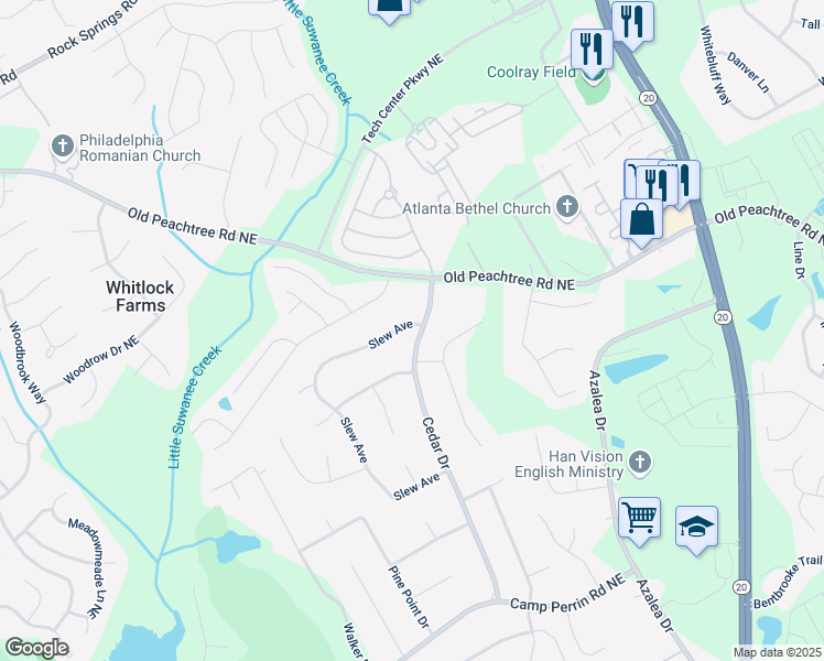 map of restaurants, bars, coffee shops, grocery stores, and more near 458 Slew Avenue in Lawrenceville