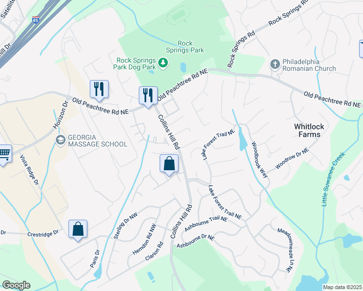 map of restaurants, bars, coffee shops, grocery stores, and more near 2709 Collins Hill Road in Lawrenceville