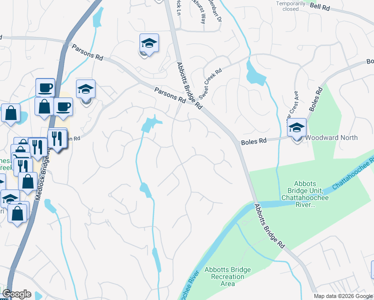 map of restaurants, bars, coffee shops, grocery stores, and more near 1402 Spyglass Hill Drive in Duluth