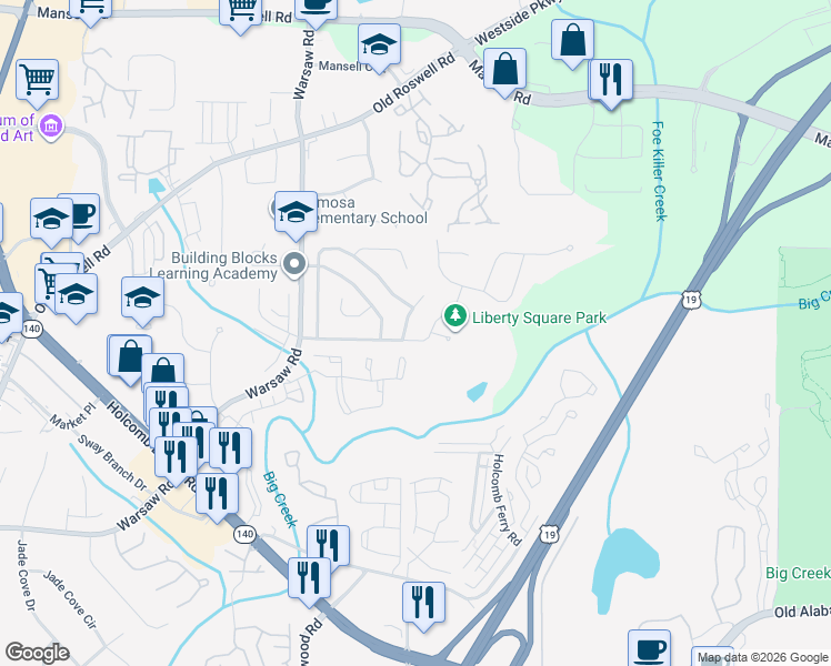 map of restaurants, bars, coffee shops, grocery stores, and more near 1230 Worthington Hills Drive in Roswell