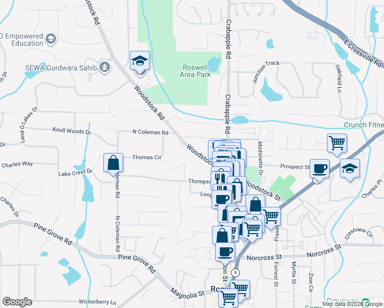 map of restaurants, bars, coffee shops, grocery stores, and more near 103 Nancy Trail in Roswell