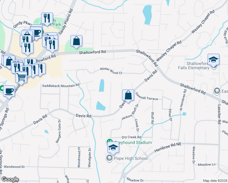 map of restaurants, bars, coffee shops, grocery stores, and more near 3315 Acorn Falls Drive in Marietta