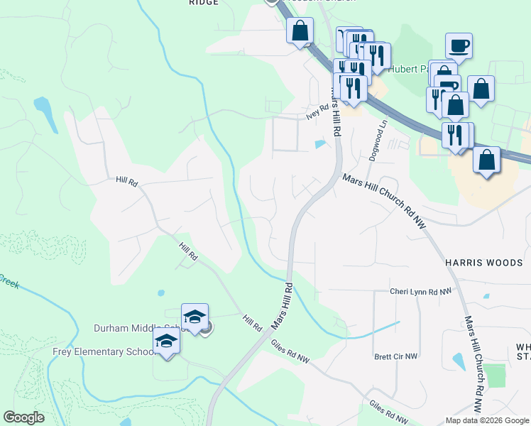 map of restaurants, bars, coffee shops, grocery stores, and more near 3303 Aviary Trace in Acworth