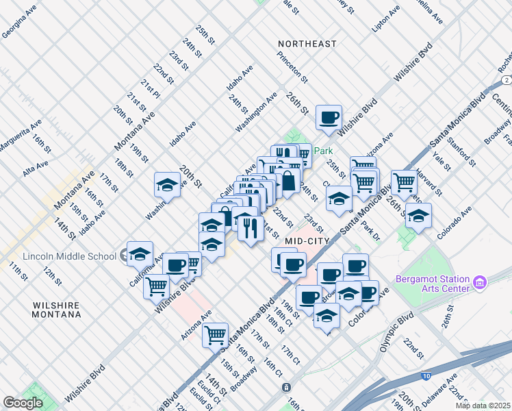 map of restaurants, bars, coffee shops, grocery stores, and more near in Santa Monica