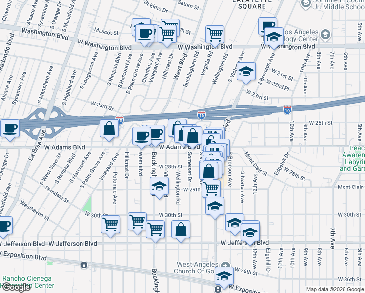 map of restaurants, bars, coffee shops, grocery stores, and more near 7811 Wellington Road in Los Angeles
