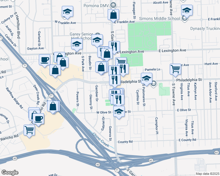 map of restaurants, bars, coffee shops, grocery stores, and more near 2166 Yukon in Pomona