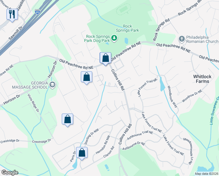 map of restaurants, bars, coffee shops, grocery stores, and more near 169 Collins View Court in Lawrenceville