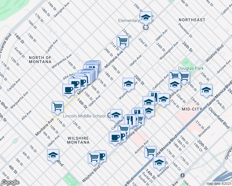 map of restaurants, bars, coffee shops, grocery stores, and more near 933 17th Street in Santa Monica