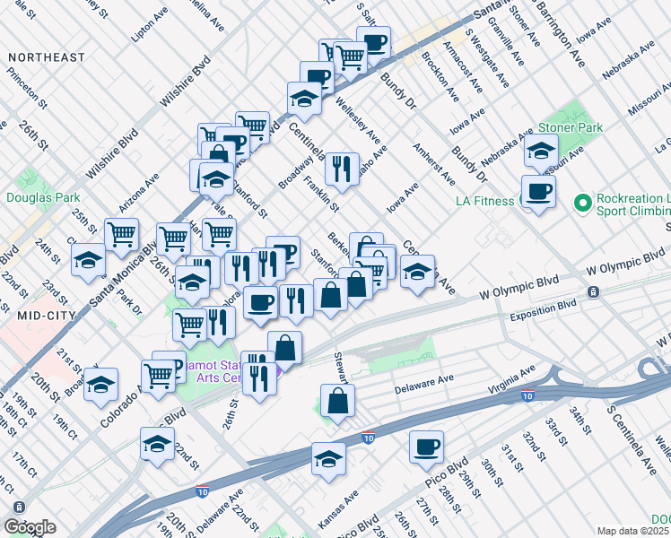 map of restaurants, bars, coffee shops, grocery stores, and more near 1724 Stanford Street in Santa Monica