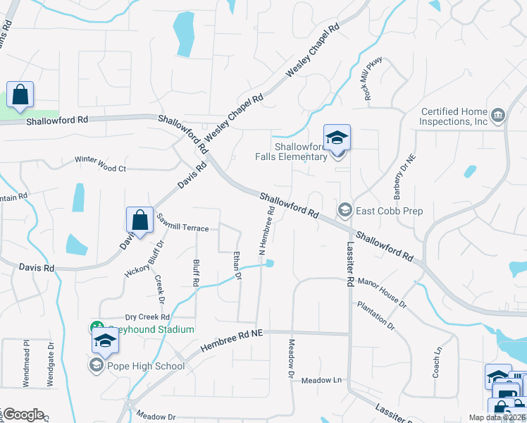 map of restaurants, bars, coffee shops, grocery stores, and more near 3730 Shallowford Road in Marietta