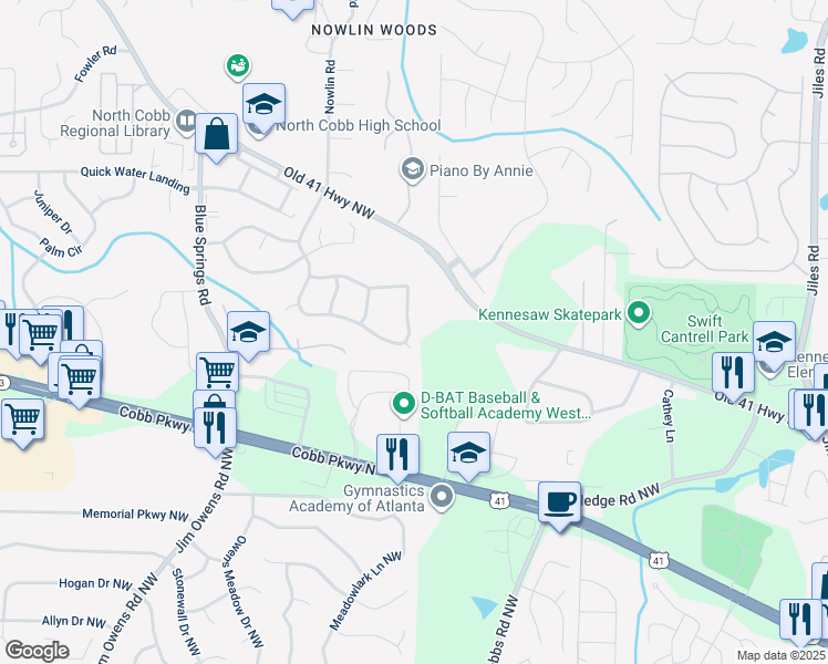 map of restaurants, bars, coffee shops, grocery stores, and more near 3217 Liberty Commons Drive Northwest in Kennesaw