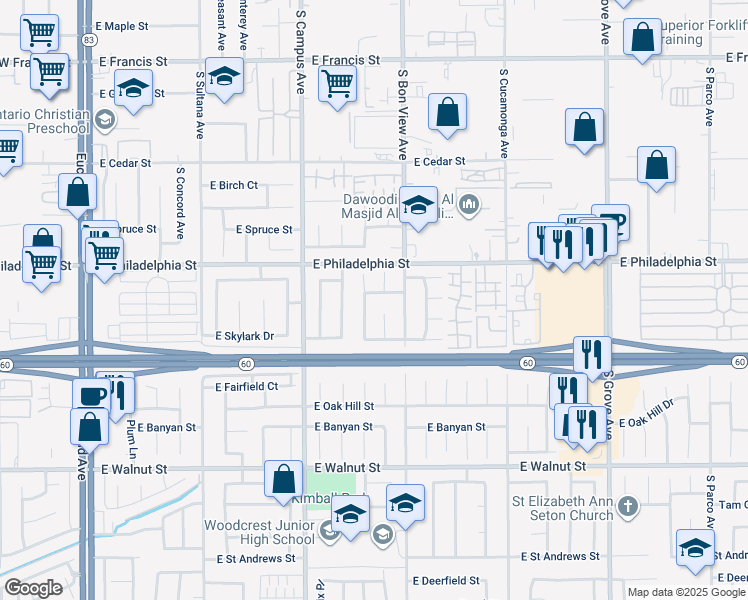map of restaurants, bars, coffee shops, grocery stores, and more near 814 East Monticello Street in Ontario