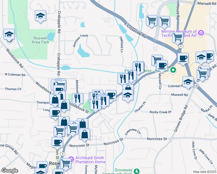 map of restaurants, bars, coffee shops, grocery stores, and more near 225 Valley Drive in Roswell