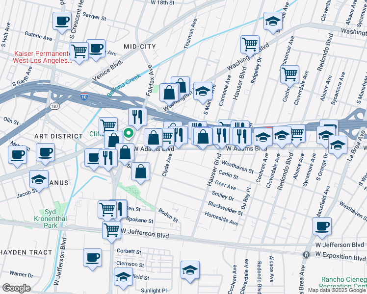 map of restaurants, bars, coffee shops, grocery stores, and more near 5645 Carlin Street in Los Angeles