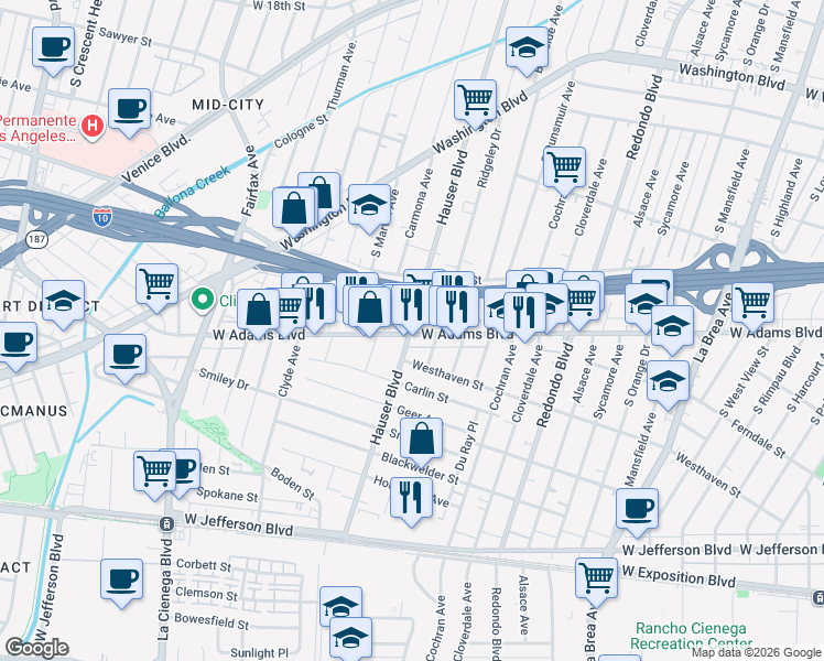 map of restaurants, bars, coffee shops, grocery stores, and more near Hauser Boulevard in Los Angeles