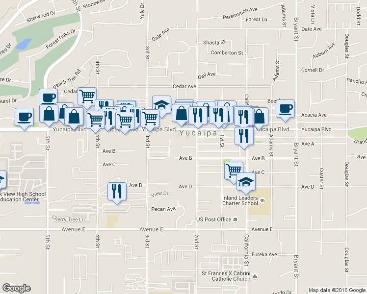 map of restaurants, bars, coffee shops, grocery stores, and more near 34842 Iris Lane in Yucaipa