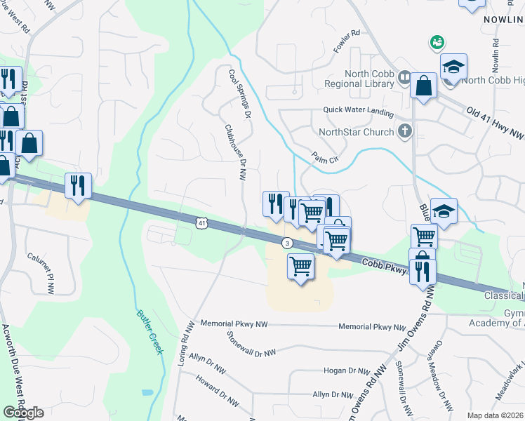 map of restaurants, bars, coffee shops, grocery stores, and more near 3160 Acworth Forest Drive in Kennesaw