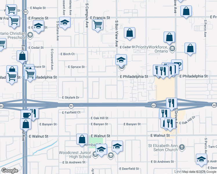 map of restaurants, bars, coffee shops, grocery stores, and more near 814 East Monticello Street in Ontario