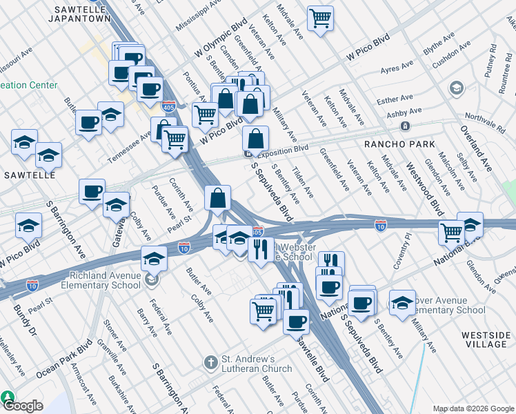 map of restaurants, bars, coffee shops, grocery stores, and more near 11235 Richland Avenue in Los Angeles