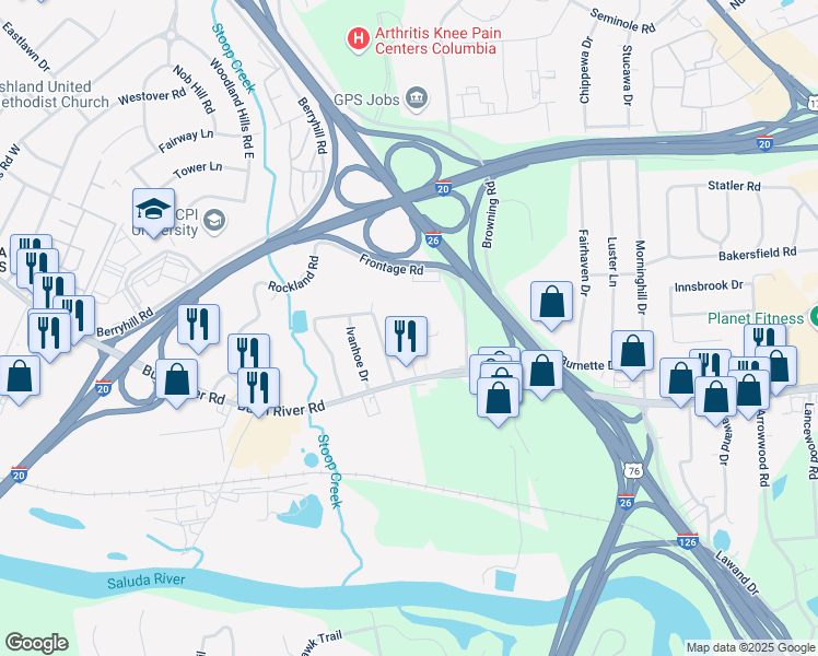 map of restaurants, bars, coffee shops, grocery stores, and more near 1820 Berkshire Drive in Columbia