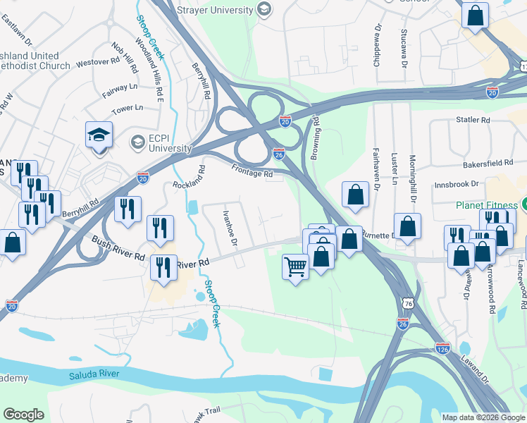 map of restaurants, bars, coffee shops, grocery stores, and more near 1820 Berkshire Drive in Columbia