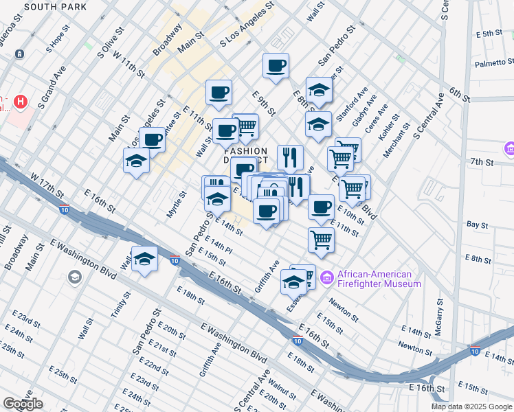 map of restaurants, bars, coffee shops, grocery stores, and more near 786 East 12th Street in Los Angeles