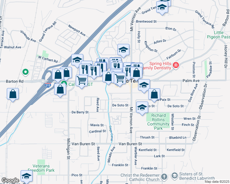 map of restaurants, bars, coffee shops, grocery stores, and more near 12168 Mount Vernon Avenue in Grand Terrace