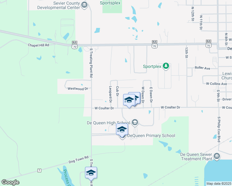 map of restaurants, bars, coffee shops, grocery stores, and more near 108 Leopard Drive in De Queen