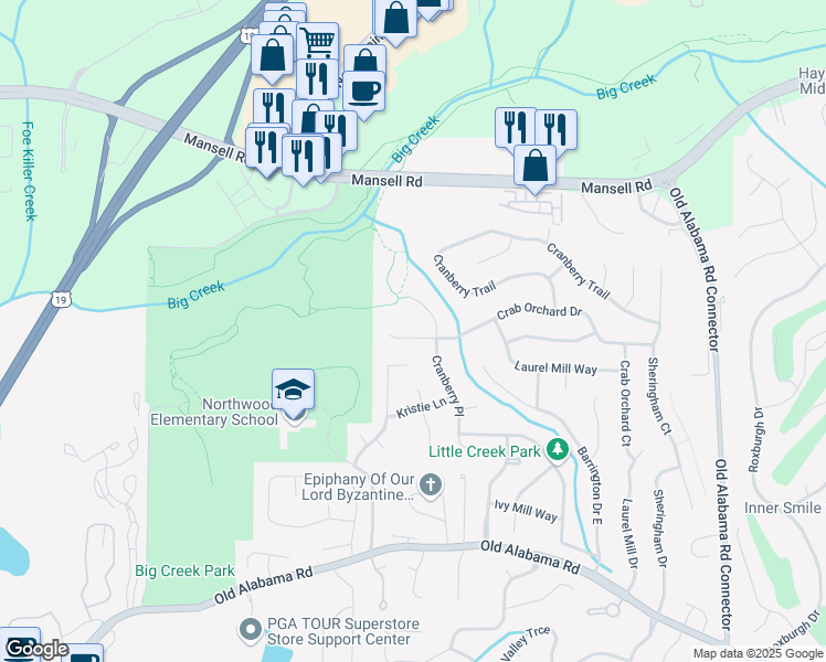 map of restaurants, bars, coffee shops, grocery stores, and more near 915 Crab Orchard Drive in Roswell