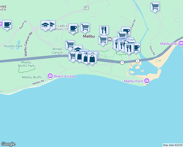map of restaurants, bars, coffee shops, grocery stores, and more near 23708 Malibu Colony Road in Malibu