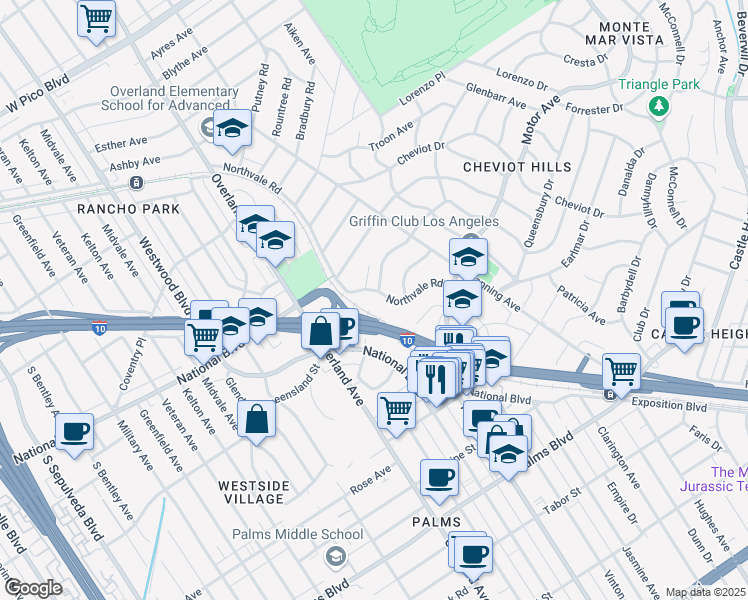 map of restaurants, bars, coffee shops, grocery stores, and more near 10400 Northvale Road in Los Angeles