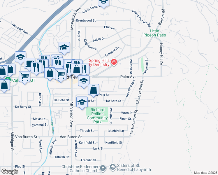 map of restaurants, bars, coffee shops, grocery stores, and more near 22745 Palm Avenue in Grand Terrace