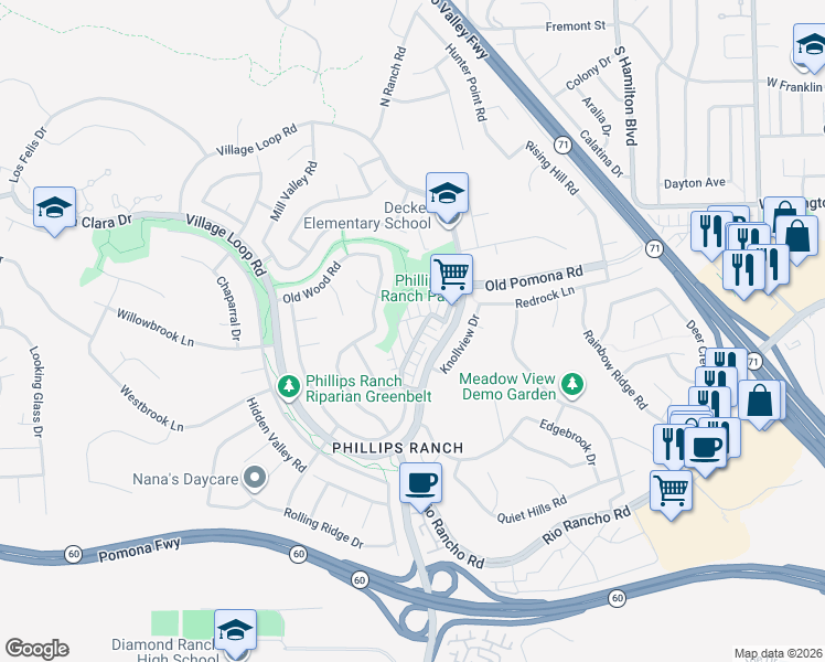 map of restaurants, bars, coffee shops, grocery stores, and more near 26 Wagon Wheel Street in Pomona