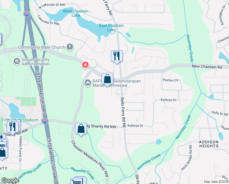 map of restaurants, bars, coffee shops, grocery stores, and more near 3301 Chastain Landings Court in Marietta